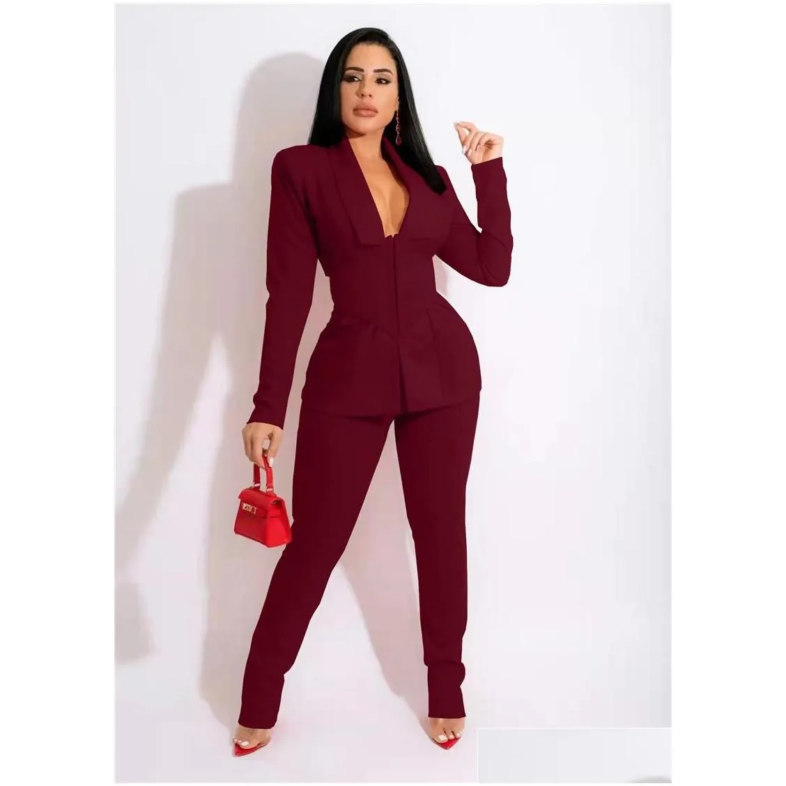 Women`S Two Piece Pants Womens Two Piece Pants Elegant Office Lady 2 Sets Outfits Corset Blazer Coat And Pencil Business Suit Work We Dh5Bl