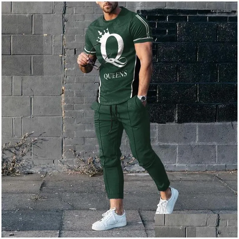 Men`S Tracksuits Short Sleeve T-Shirts And Slim Pants Tracksuits Fashion Printed Mens Sportswear Spring Summer Men Casual Two Piece S Dhvuc
