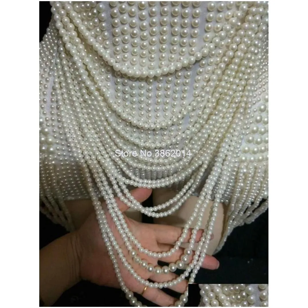 Stage Wear White Pearls Beading Bodysuit Jazz Dance Costume Evening Nightclub Bar Show Prom Birthday Outfit Women Clothes Drop Delive Dhfco