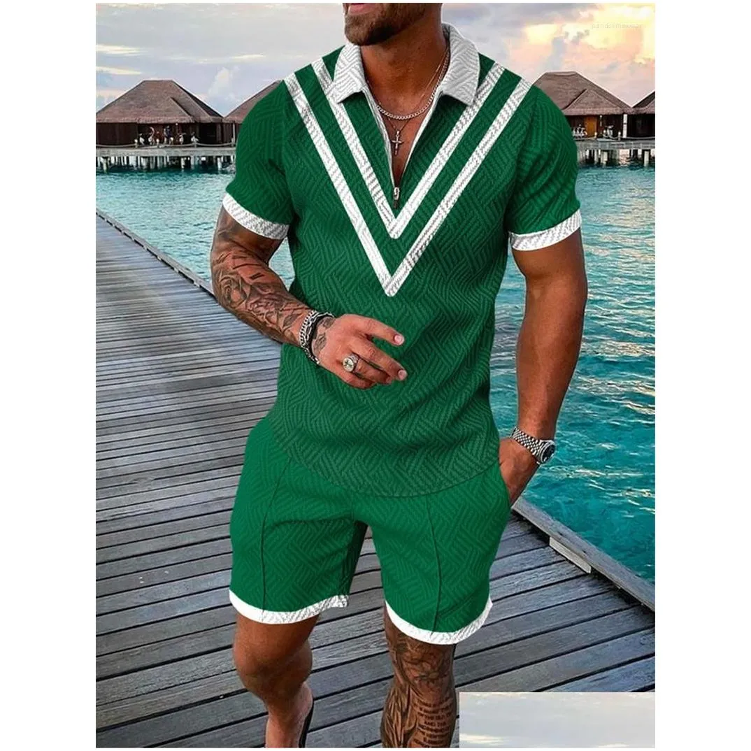 Men`S Tracksuits Summer Mens Short Sleeve Tracksuits Fashion Youth Student Digital Printed Zipper Shirt T-Shirt And Shorts Men Drop D Dhpze