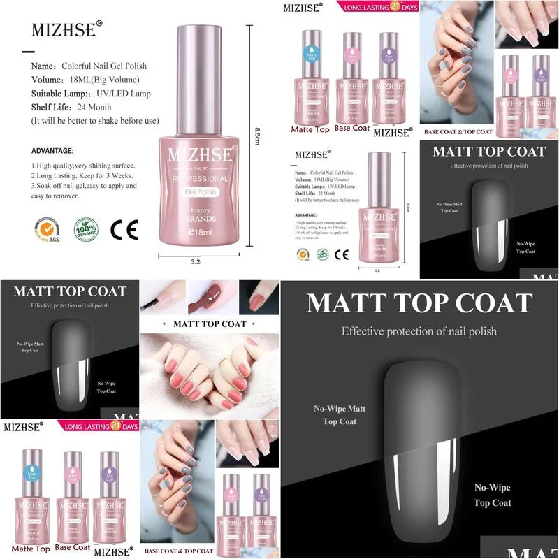 Nail Gel Mizhse No Wipe Top Base Coat Matte Transparent Gel Nail Polish Uv Led Primer Builder Fingernail Varnish Lacquer Drop Delivery Dhqez