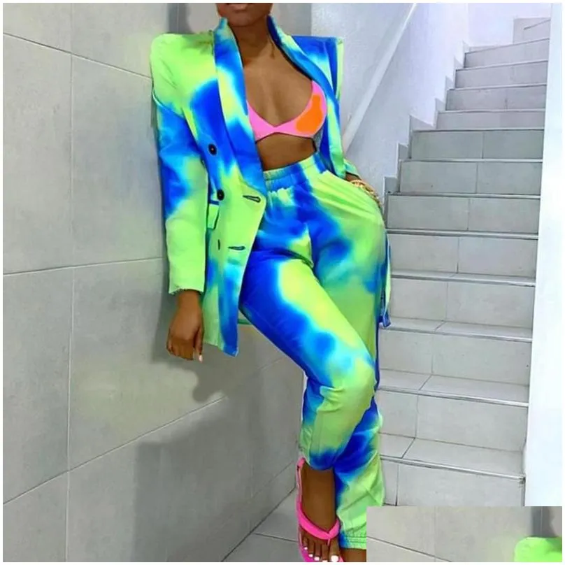 Women`S Two Piece Pants Womens Two Piece Pants Gorgeous Autumn Women Suit Tie Dye Turn-Down Collar Elastic Waist Cardigan Long Sleeve Dhr46