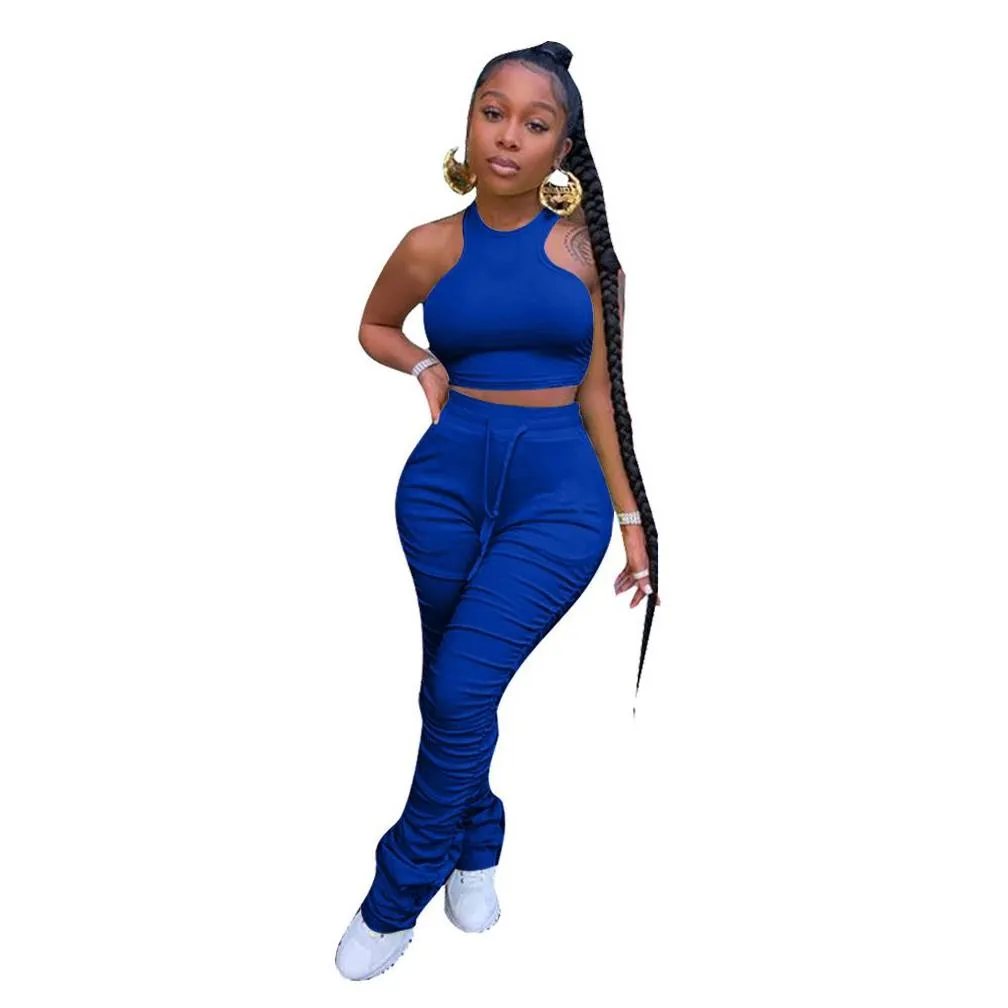 Women`S Tracksuits Female Ladies Tracksuits Joggers Sleeveless 2 Piece Stacked Legging Set With Crop Top Drop Delivery Apparel Women` Dhg4T