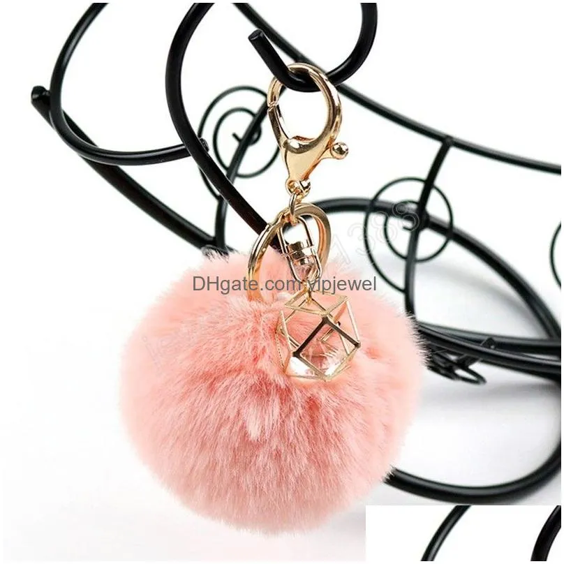 cute keychain with artificial crystal pendant fake fur pompom ball key chain bag car keys accessories fashion jewelry gift