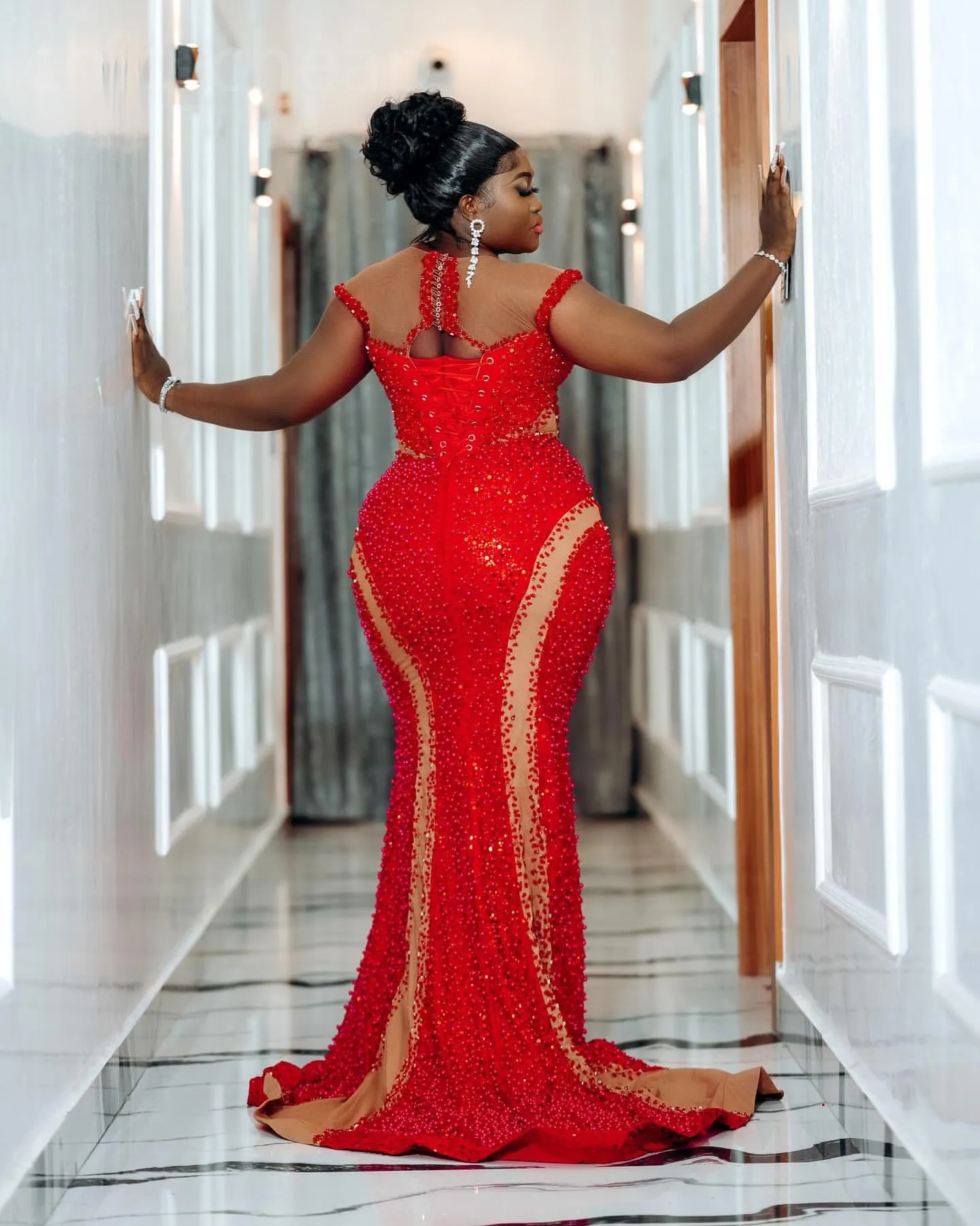 2024 Aso Ebi Illusion Red Mermaid Prom Dress Beaded Sequined Evening Formal Party Second Reception 50th Birthday Engagement Gowns Dresses Robe De Soiree ZJ128