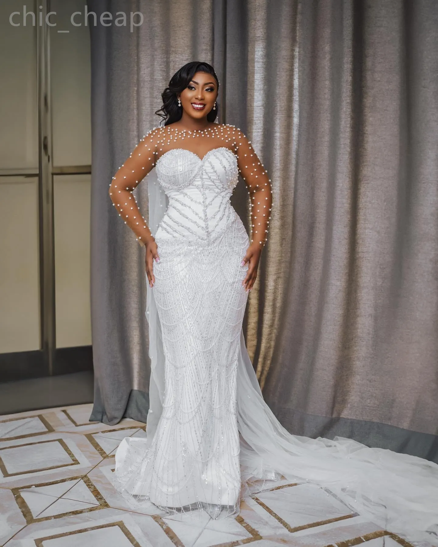 2024 Arabic Aso Ebi Plus Size White Wedding Dress Sheer Neck Pearls Beaded Sequined Lace Bridal Gowns Dresses ZJ211