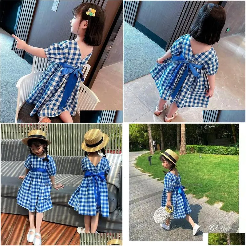 Girl`S Dresses Girls Dresses Summer Infant Dress 17Y Korean Style Born Baby Blue Princess Child Party Plaid Kid For Clothes Drop Deliv Dhebj