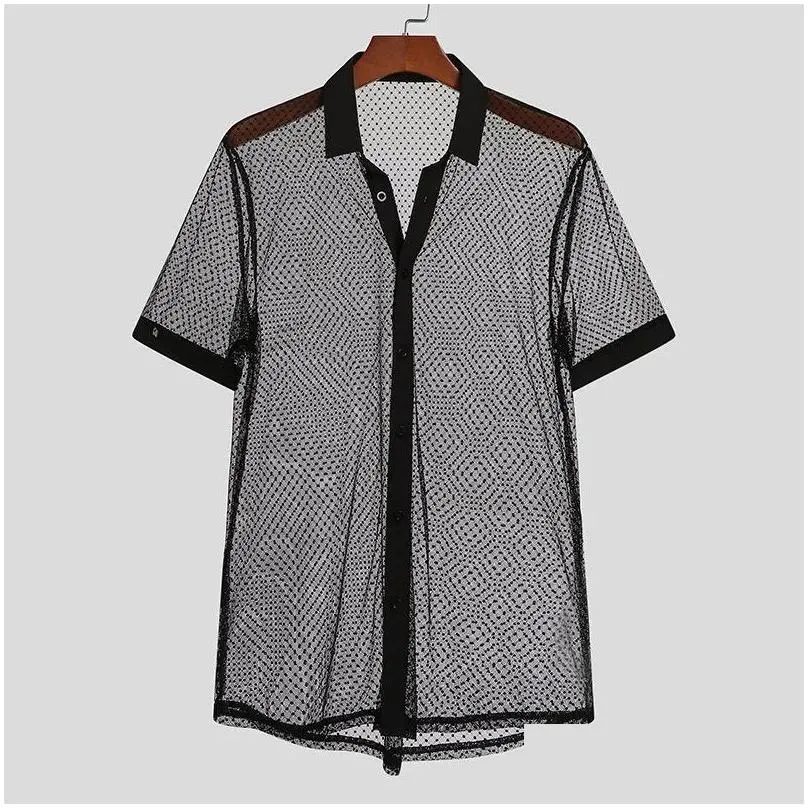 Men`S Casual Shirts Mens Casual Shirts 2022 Men Mesh Shirt Polka Dot Print See Through Lapel Short Sleeve Tops Streetwear Party Night Dhpc8