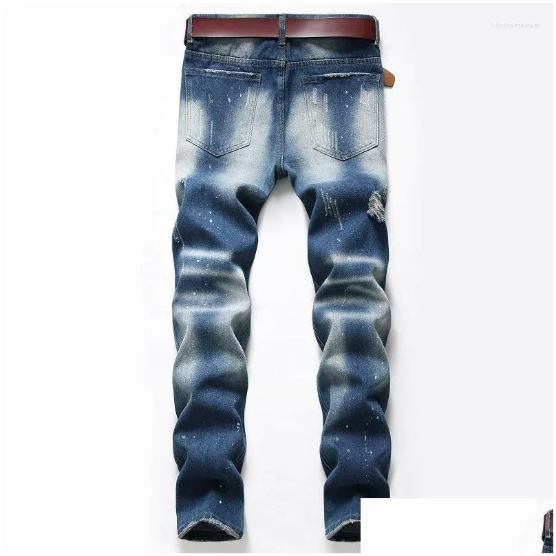 Men`S Jeans Men Slim Fit Jeans Spring Autumn Retro Blue Fashion Splash Ink Desinger Mens Casual Denim Pants For Male Vaqueros Hombre Dhnfh