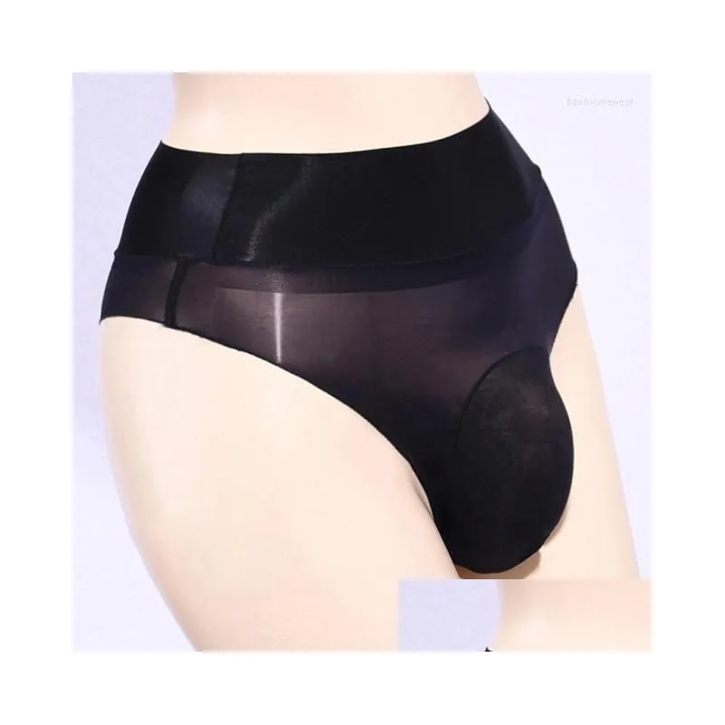 Underpants Men Oily Shiny Sheer See-Through Briefs High Waist Glossy Pouch Underwear Stockings Panties Lingerie Crossdressing Underpa Dhxll