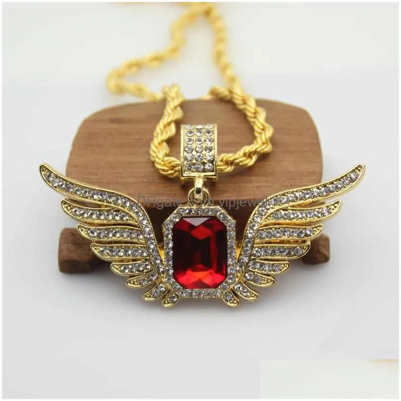 hip hop angel wings with big red stone pendant necklace 76cm rope chain rhinestone inlaid wing necklack men women iced out jewelry