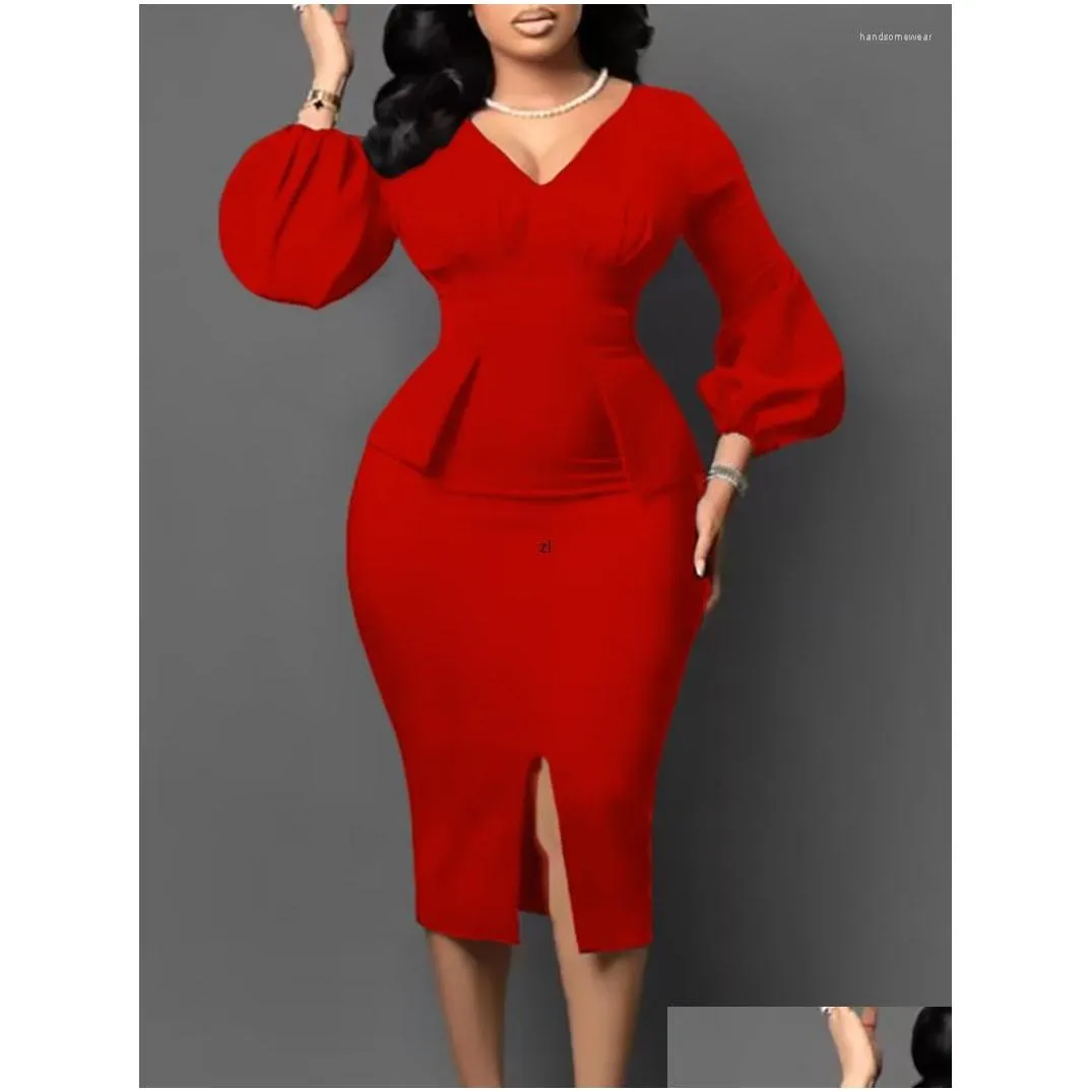 Basic & Casual Dresses Casual Dresses Women Elegant Bodycon Dress Long Lantern Sleeves High Waist African Office Ladies Classy Gowns Dhmfs