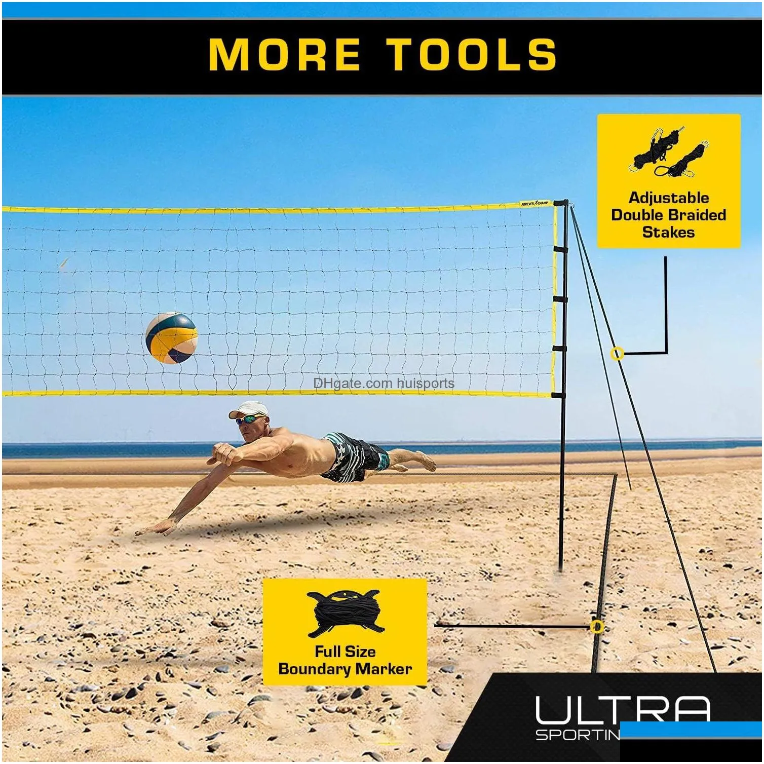 volleyball net - includes 32x3 feet regulation size net 8.5-inch pu volleyball carrying bag boundary lines steel poles pump - height adjustable for