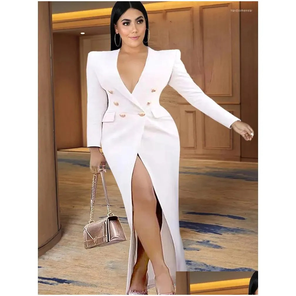 Plus Size Dresses Women Long Blazer Y V Neck Sleeve Slit Jackets Outfits For Ladies Evening Birthday Drop Delivery Dhqxy