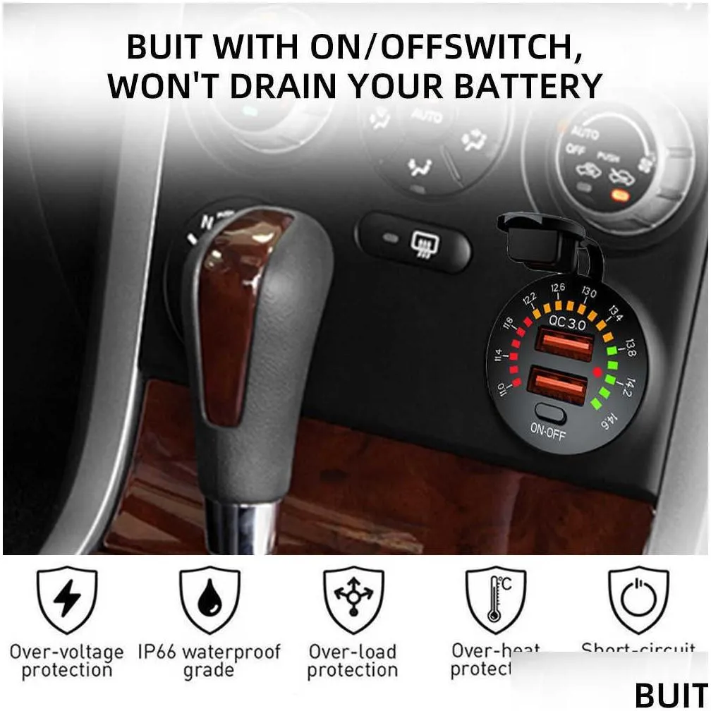 Car Other Auto Electronics New 36W Dual Usb Qc 3.0  With Led Voltmeter On Off Switch 12/24V Waterproof Pd Outlet Fast Charge Fo Dhnlt