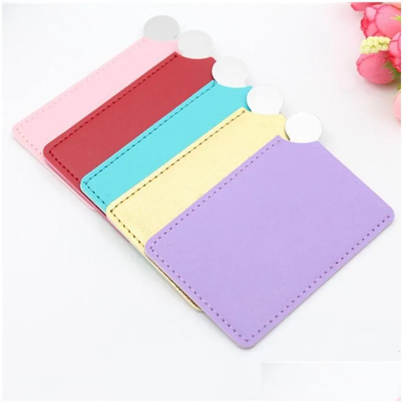 high quality portable shatter proof card style pocket cosmetic mirror pu leather cover stainless steel unbreakable makeup