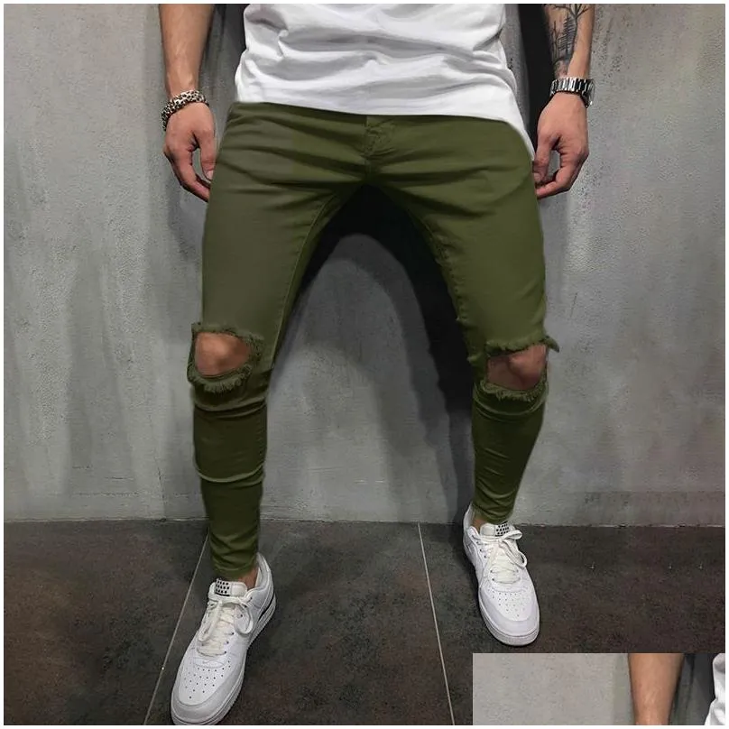 Men`S Pants Fashion Mens Hole Casual Pencil Pants Men Dstring Jogger Solid Leisure Male Sweatpants Drop Delivery Apparel Men`S Clothi Dhi4J