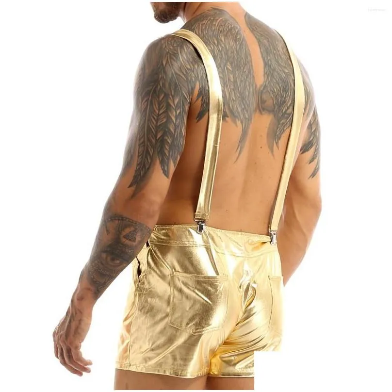 Men`S Shorts Mens Shiny Metallic Bib Overall Suspender Shorts Adjustable Wide Shoder Straps Fancy Dress Festival Prom Clubwear Costum Dhvr0