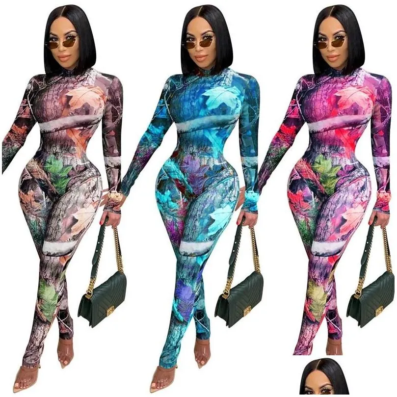 Women`S Tracksuits Mesh Print Y Two Piece Set Women Tracksuits Clubwear 2 Outfits For Streetwear Long Sleeve Bodycon Jumpsuit Add Dro Dhxph