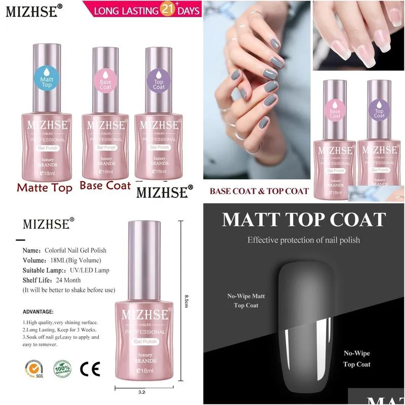 Nail Gel Mizhse No Wipe Top Base Coat Matte Transparent Gel Nail Polish Uv Led Primer Builder Fingernail Varnish Lacquer Drop Delivery Dhqez