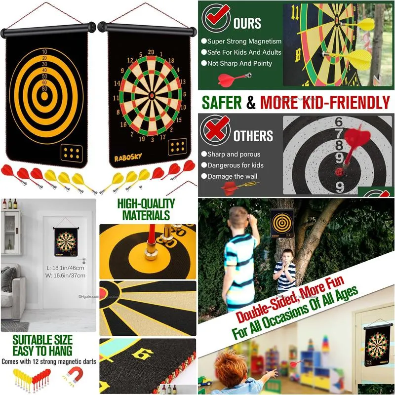 magnetic dart board game for kids - safe and fun indoor outdoor play toy for boys ages 6-14 and up 2-in-1 double-sided dartboard