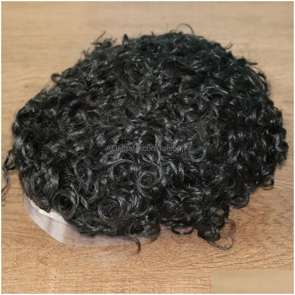 20mm curly 1b black durable mono toupee hair system men hairpiece 360 wave male 100% human hair breathable replacement for man