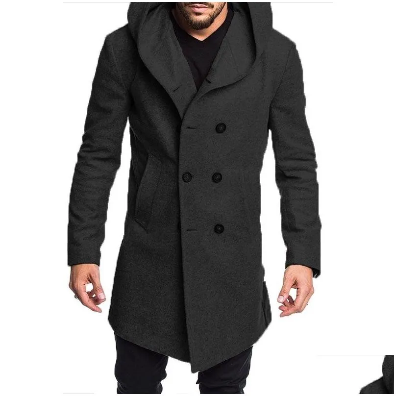 Men`S Trench Coats Autumn Winter Men Coats Long Woolen Trench Fashion Brand Casual Button Pockets Hooded Overcoats Drop Delivery Appar Dhyzb