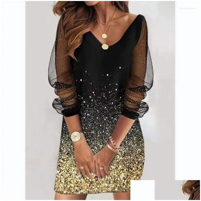 Basic & Casual Dresses Spring Gold Dress Womens Sequin See-Through Mesh Plus Size Clothing For Drop Delivery Apparel Women`S Clothing Dhspk