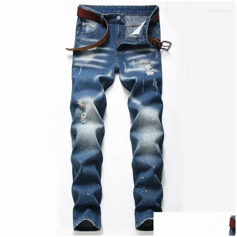 Men`S Jeans Men Slim Fit Jeans Spring Autumn Retro Blue Fashion Splash Ink Desinger Mens Casual Denim Pants For Male Vaqueros Hombre Dhnfh