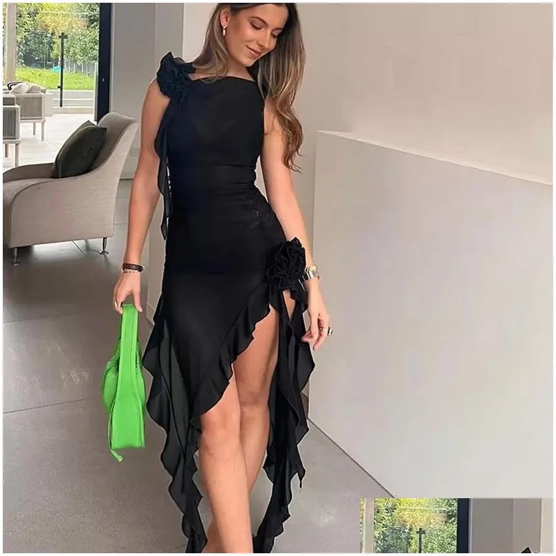 Basic & Casual Dresses Summer Transparent Mesh Y Dress Women Streetwear Y2K Bodycon Sundress Ladies Solid Floral Ruffled Drop Deliver Dhotn