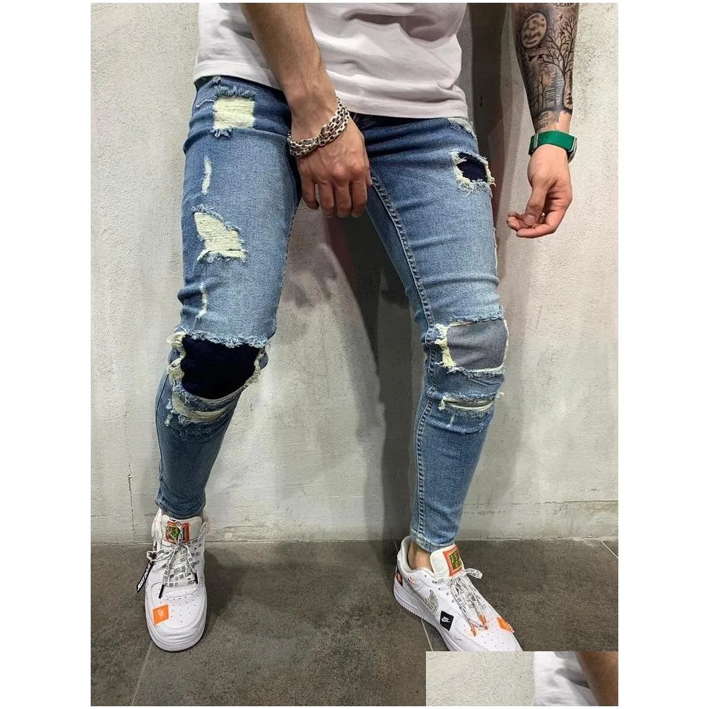 Men`S Jeans Fashion Mens Jeans Hole Ripped Zipper High Waist Stretch Skinny Denim Trousers Casual Pencil Drop Delivery Apparel Men`S Dh7Uh