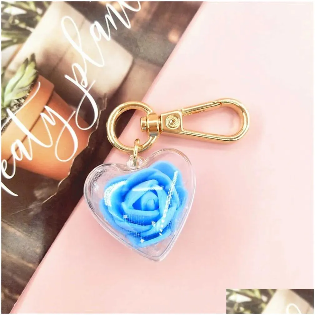 Car Key New Cute Rose Keychain Love Heart Pendant Eternal Flower Keyring For Women Bag Ornaments Car Keys Accessories Couple Drop Deli Dhmn5