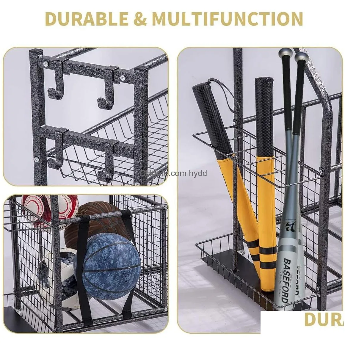 garage sports equipment storage organizer with baskets and hooks - easy to assemble - sports ball gear rack holds basketballs baseball