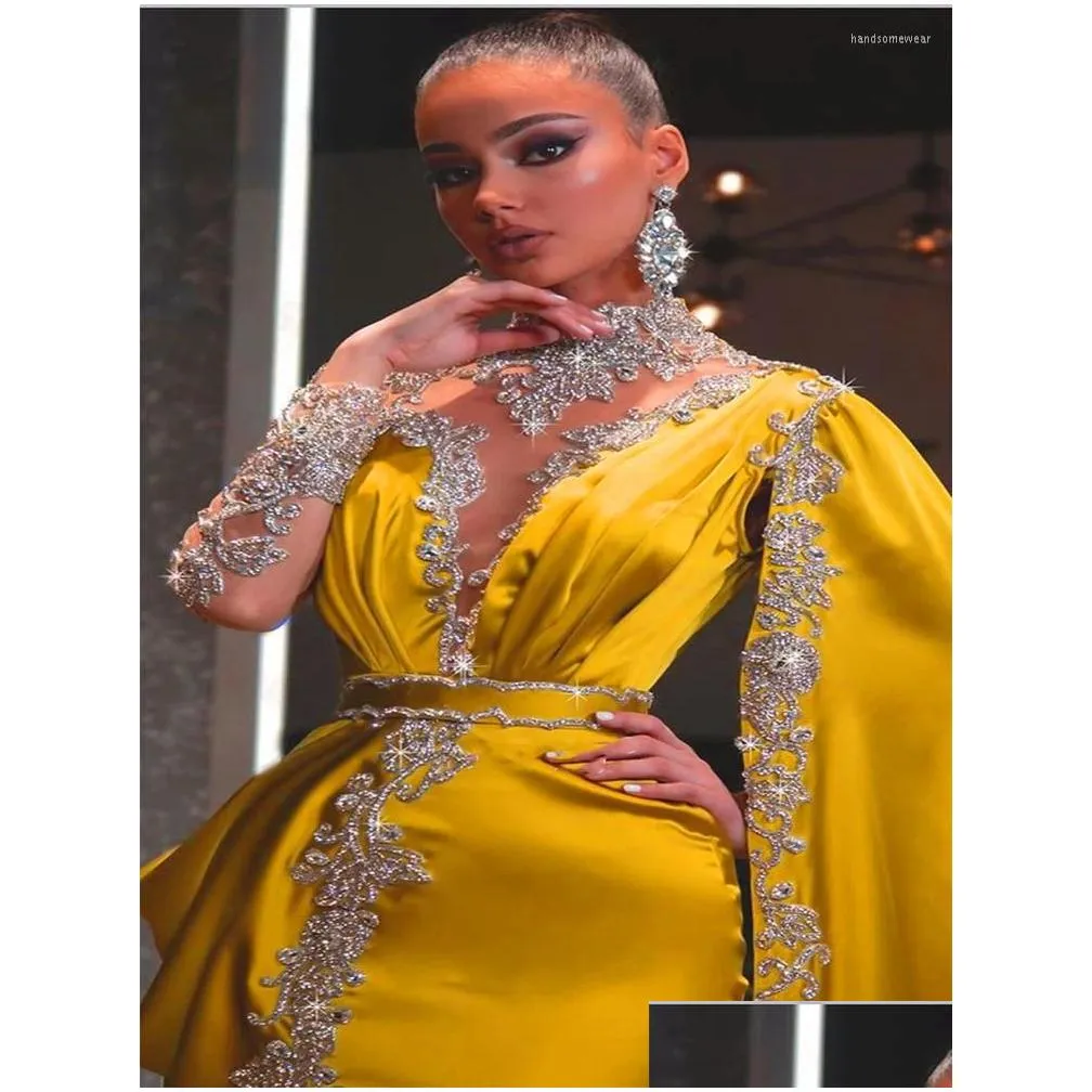Basic & Casual Dresses Gold Party Dresses High Neck Beaded Rhinestones Mermaid Prom Gown Cape Long Sleeves Satin Arabic Drop Delivery Dhxvx
