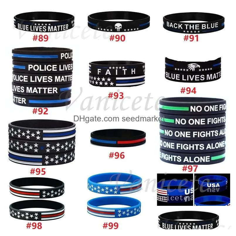 126 styles 600pc/lot thin blue line american flag bracelets silicone wristband soft and flexible for normal day party gifts