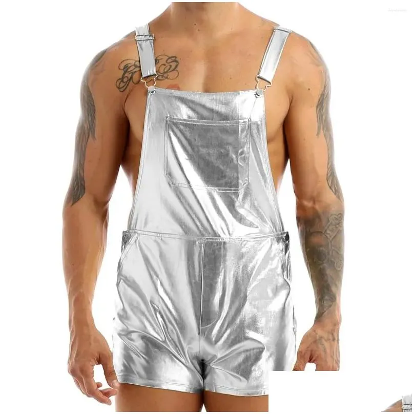 Men`S Shorts Mens Shiny Metallic Bib Overall Suspender Shorts Adjustable Wide Shoder Straps Fancy Dress Festival Prom Clubwear Costum Dhvr0