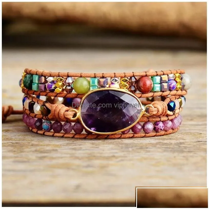 beaded leather wrap bracelets w/ natural stone amethysts crystals triple statement art bracelet bohemian jewelry gifts y200730 drop de