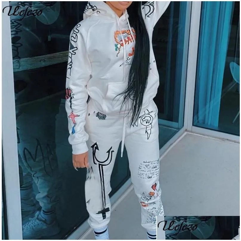 Women`S Tracksuits Print Iti Streetwear Two 2 Piece Set Tracksuits Female White Black Hoodies Pants Women Matching Outfits Sweatsuit Dhphk