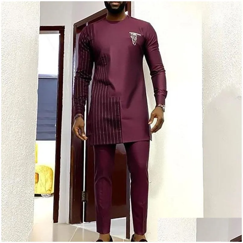 Men`S Casual Shirts African Men Dress Shirt Mid Length Round Neck Long Sleeve Tops Male Spring Traditional Plus Size Slim Dashiki Blo Dhury