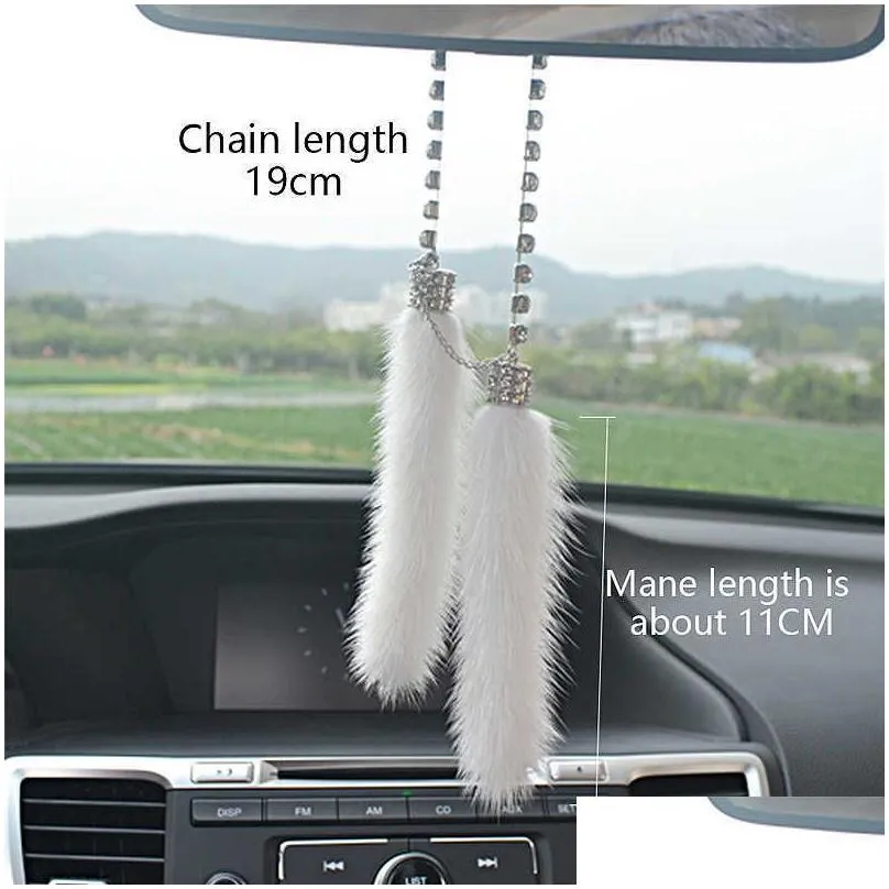 Other Interior Accessories New Wholesale Fashion Car Crystal Diamante Pendant Mink Fur Rearview Mirror Hanging Fox P Ornaments Charm I Dhk6N