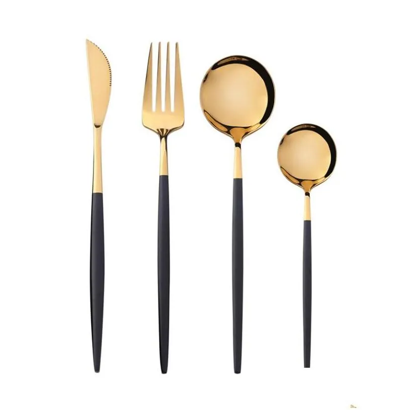 Flatware Sets Fashion Stainless Steel Golden Cutlery Flatware Sets Black Luxury Dinnerware Kitchen Mirror Polishing Fork Spoons Knives Dhglz