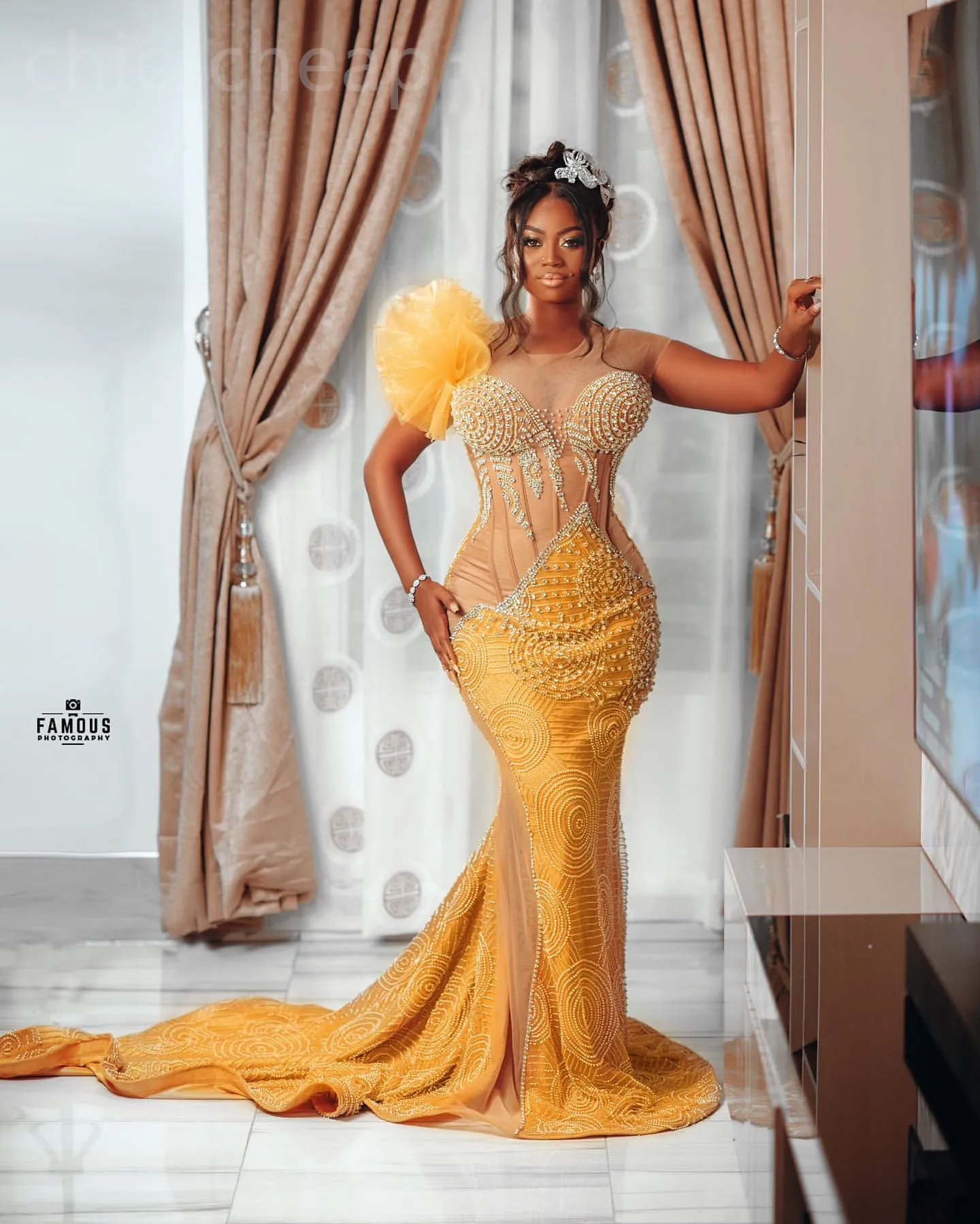 2024 Aso Ebi Yellow Mermaid Prom Dress Beaded Crystals Luxurious Evening Formal Party Second Reception 50th Birthday Engagement Gowns Dresses Robe De Soiree ZJ127