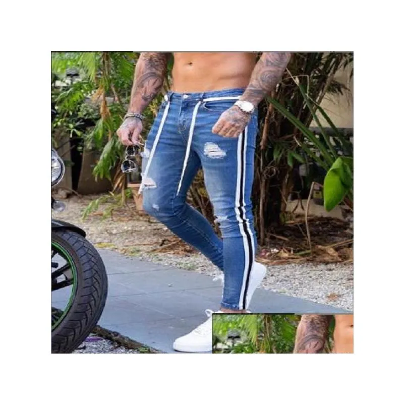 Men`S Jeans Fashion Men Skinny Jeans Biker Destroyed Slim Fit Ripped Holes Denim Trousers Side Striped Pencil Pants Hip Hop Blue Drop Dhejx