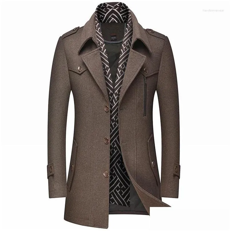 Men`S Trench Coats Mens Trench Coats Autumn Winter Wool Fashion Middle Long Jacket Male Double Collar Zipper Coat Windbreak Woolen Ove Dh7Bh