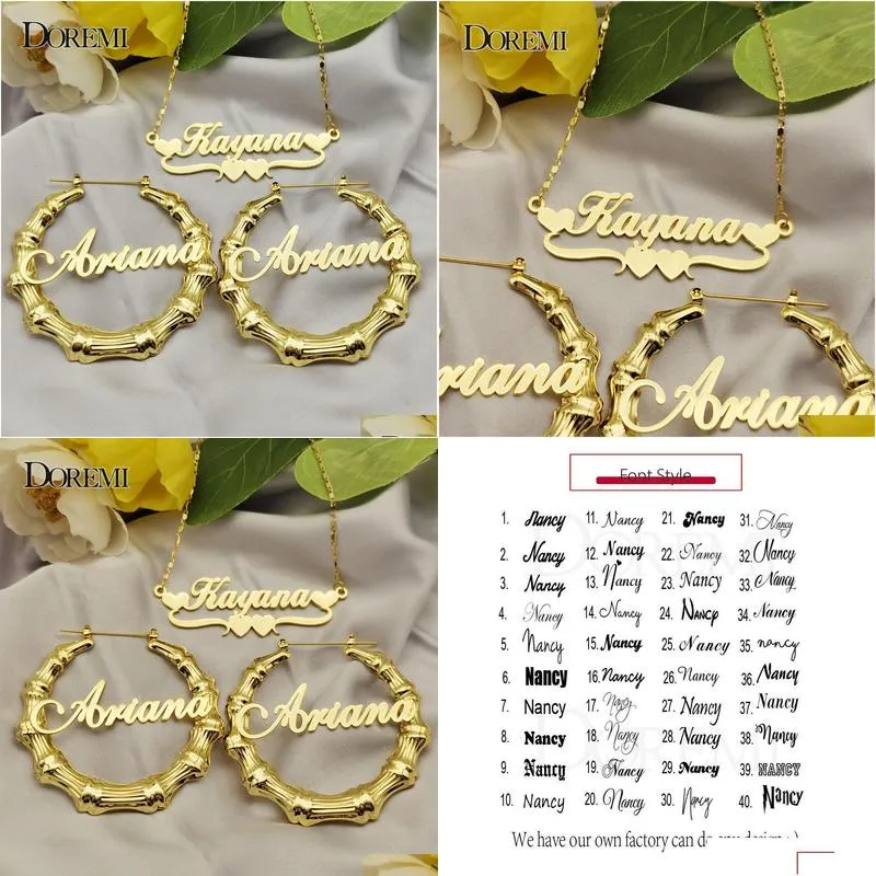 hoop huggie doremi one name earrings and necklace set tile chain round bamboo earrings custom bamboo letter personalised name earrings gift