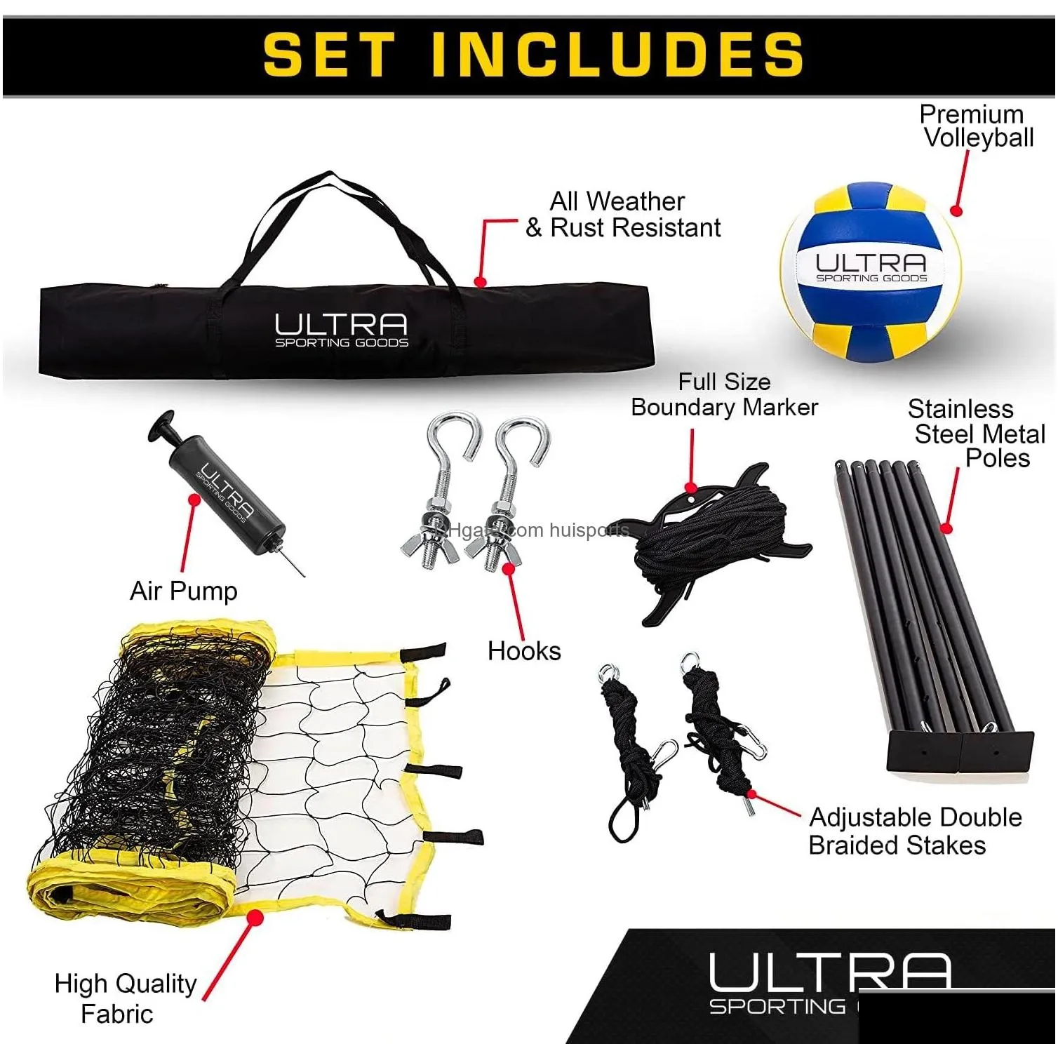 volleyball net - includes 32x3 feet regulation size net 8.5-inch pu volleyball carrying bag boundary lines steel poles pump - height adjustable for