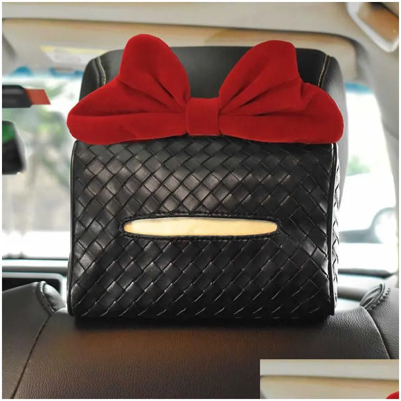 Other Interior Accessories New Braid Leather Car Tissue Holder Retro Red Bow Hanging Napkin For Back Seat Headrest Paper Organizer Sto Dhljm