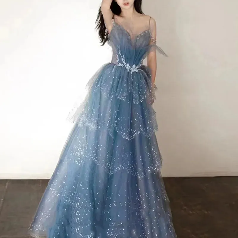 Stunning Blue Evening Dresses Layers Tulle with Beading Long Prom Dresses Lace-up Back High Waist YD