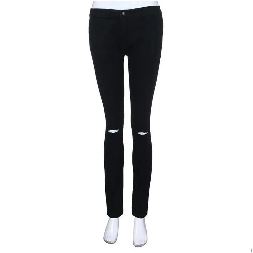 Women`S Jeans Women Casual Slim Solid Hole Long Jeans Zippers Y Skinny Pants Daily Trousers Womens Dresses New Arrival Vestidos Drop Dh1Tz