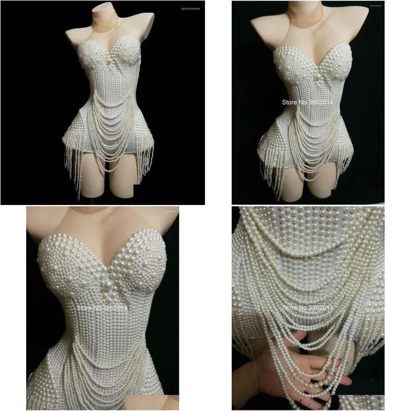Stage Wear White Pearls Beading Bodysuit Jazz Dance Costume Evening Nightclub Bar Show Prom Birthday Outfit Women Clothes Drop Delive Dhfco